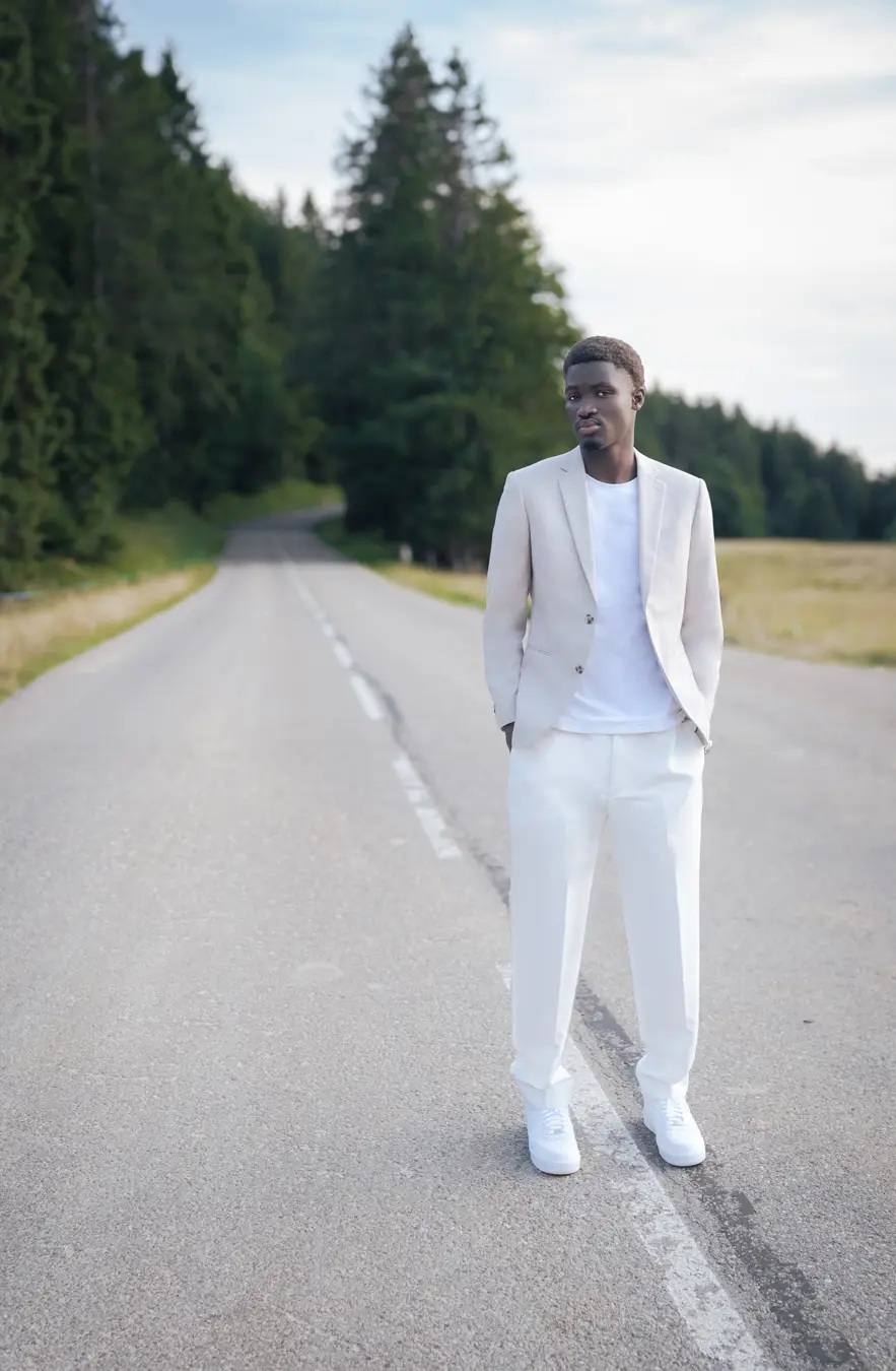 Photographe fashion, éditorial nature en foret avec mannequin peau noire habillé en blanc